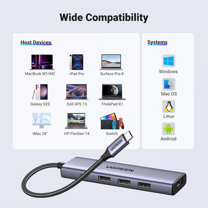 Hub USB-C UGREEN CM511, 3 x USB-A 3.0 - 1 x USB-C - 1 x HDMI, šedý