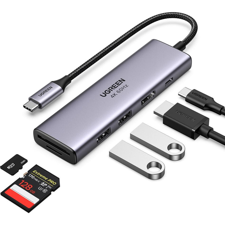 Hub USB-C UGREEN CM511 (60384), 2 x USB-A 3.0 - 1 x USB-C - 1 x HDMI - 1 x SD - 1 x microSD, Šedý