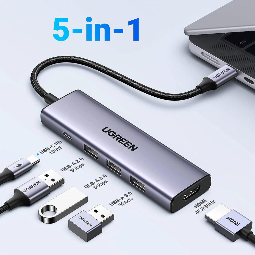 Hub USB-C UGREEN CM511 (15596), 3 x USB-A 3.0 - 1 x USB-C - 1 x HDMI, šedý