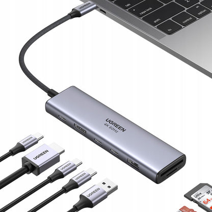 Hub USB-C UGREEN CM511 (45521), 1 x USB-A 3.2 - 3 x USB-C - 1 x HDMI - 1 x SD - 1 x microSD, Šedý