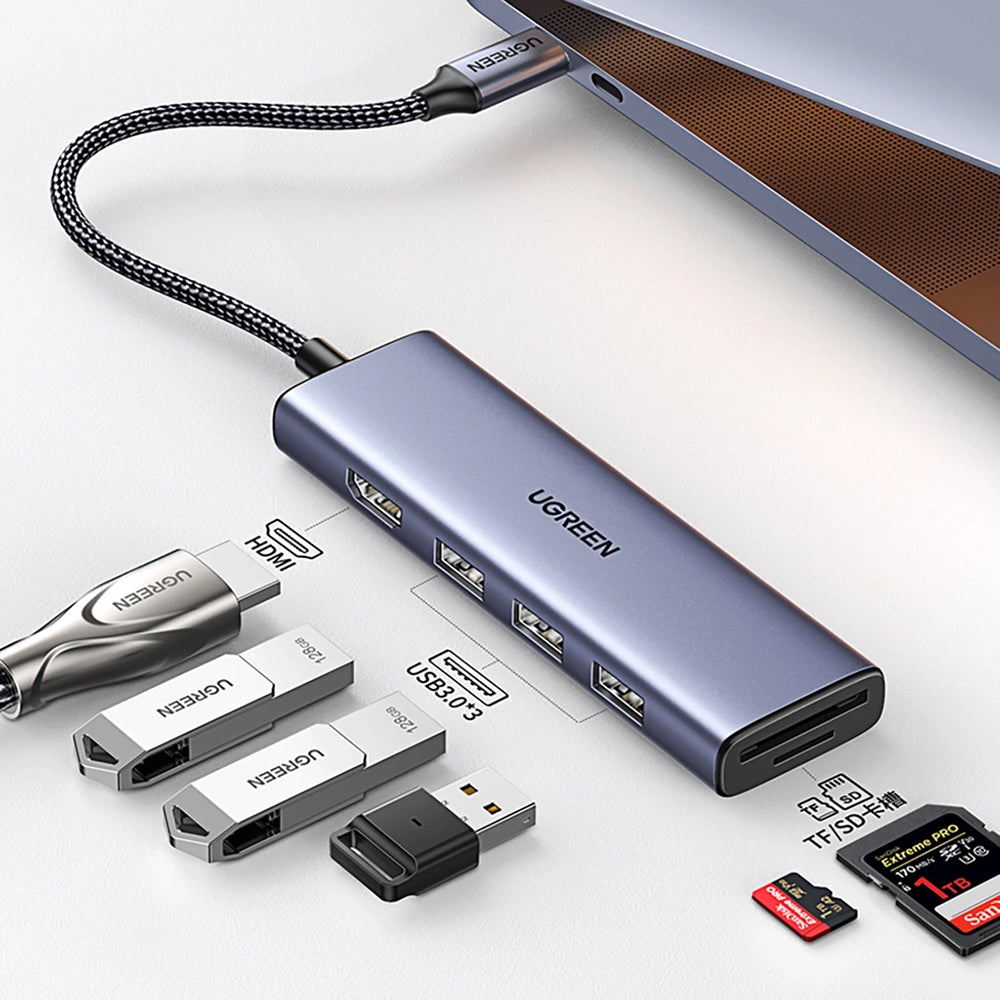 Hub USB-C UGREEN CM511 (20956A), 3 x USB-A 3.0 - 1 x HDMI - 1 x SD - 1 x microSD, Šedý