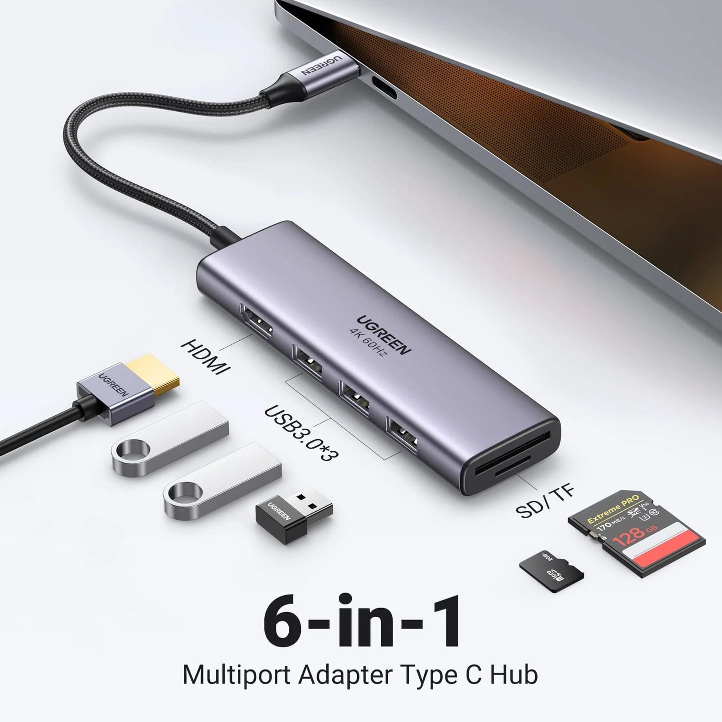 Hub USB-C UGREEN CM511 (60383), 3 x USB-A 3.2 - 1 x HDMI - 1 x SD - 1 x microSD, Šedý