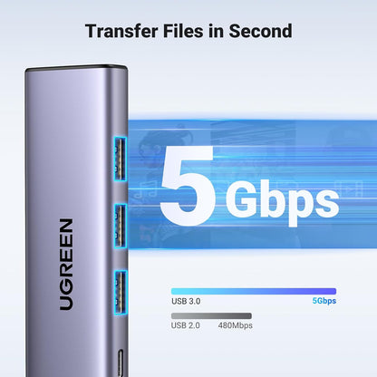 Hub USB-C UGREEN CM511, 3 x USB-A 3.0 - 1 x USB-C - 1 x HDMI, šedý