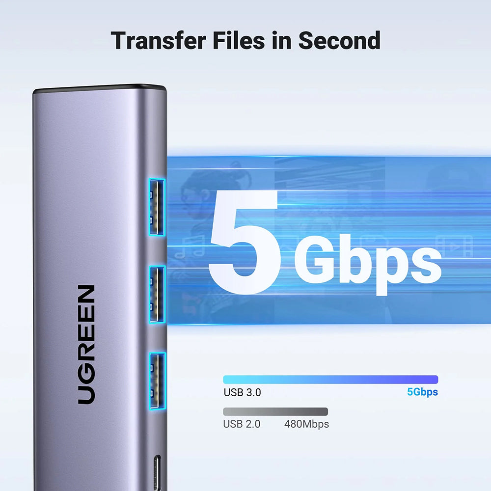 Hub USB-C UGREEN CM511 (15596), 3 x USB-A 3.0 - 1 x USB-C - 1 x HDMI, šedý