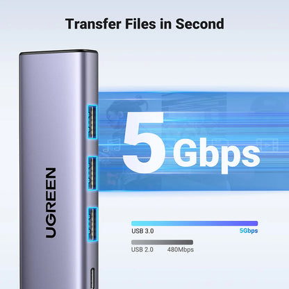 Hub USB-C UGREEN CM511 (15596), 3 x USB-A 3.0 - 1 x USB-C - 1 x HDMI, šedý