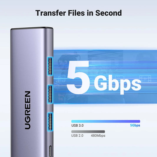 Hub USB-C UGREEN CM511 (15596), 3 x USB-A 3.0 - 1 x USB-C - 1 x HDMI, šedý