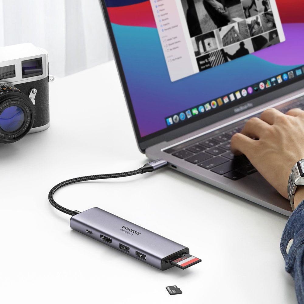 Hub USB-C UGREEN CM511 (60384), 2 x USB-A 3.0 - 1 x USB-C - 1 x HDMI - 1 x SD - 1 x microSD, Šedý