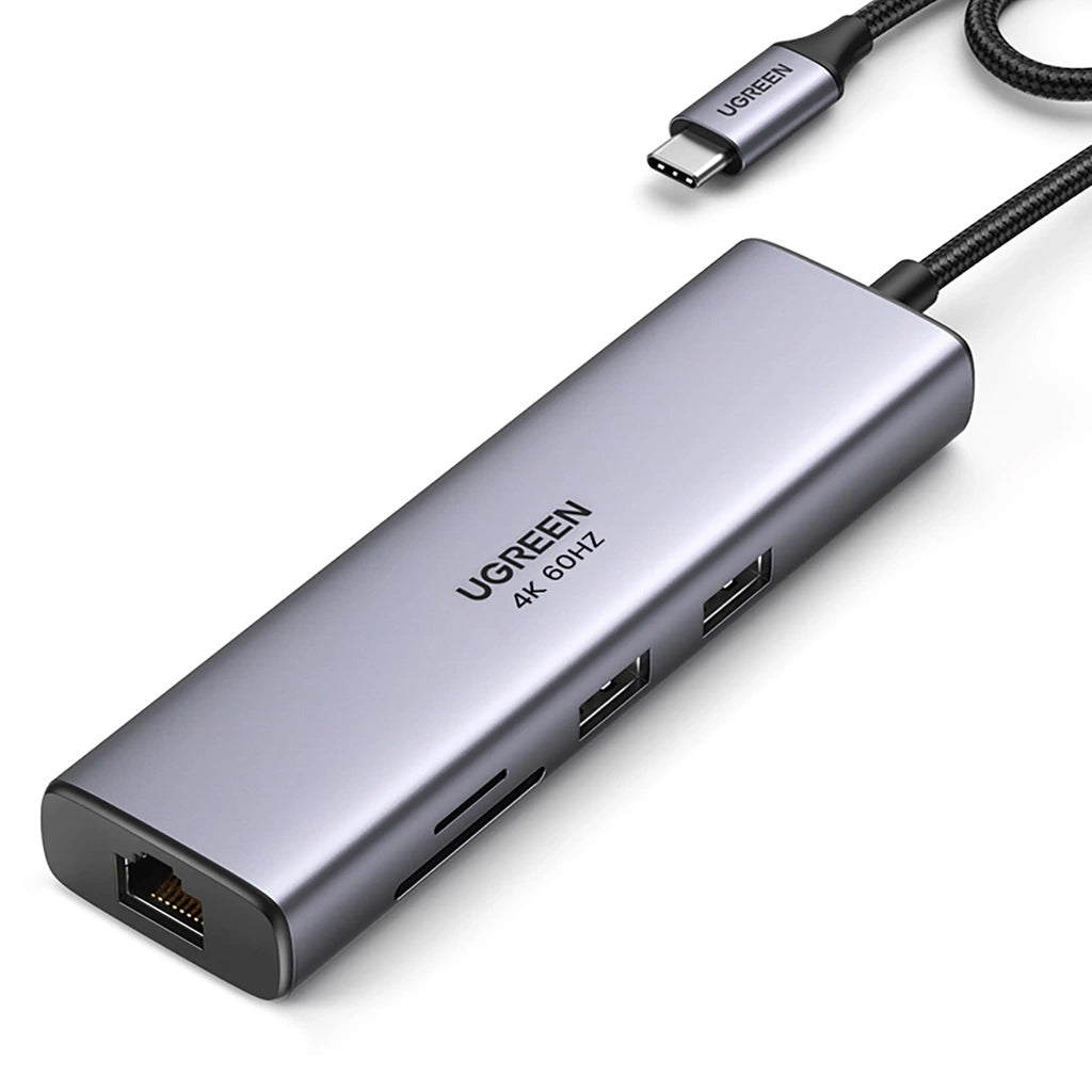 Hub USB-C UGREEN CM512, 2 x USB-A 3.0 - 1 x USB-C - 1 x HDMI - 1 x SD - 1 x microSD - RJ45, Šedý