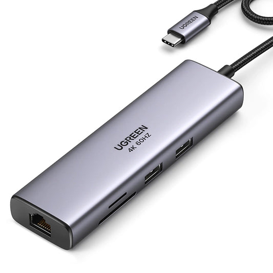 Hub USB-C UGREEN CM512, 2 x USB-A 3.0 - 1 x USB-C - 1 x HDMI - 1 x SD - 1 x microSD - RJ45, Šedý
