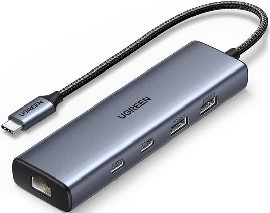 Hub USB-C UGREEN CM512, 1 x USB-A 3.2 - 1 x USB-A - 3 x USB-C - 1 x RJ45, Šedý