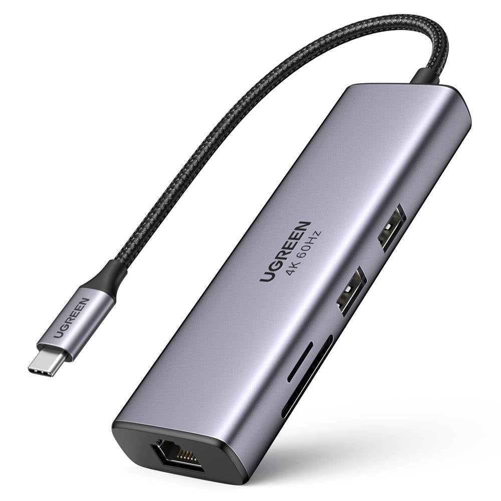Hub USB-C UGREEN CM512 (60515), 2 x USB-A 3.0 - 1 x USB-C - 1 x HDMI - 1 x SD - 1 x microSD - 1 x RJ45, Šedý