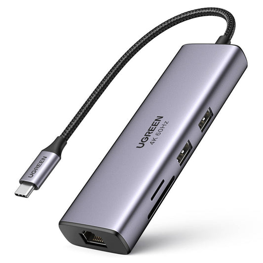 Hub USB-C UGREEN CM512 (60515), 2 x USB-A 3.0 - 1 x USB-C - 1 x HDMI - 1 x SD - 1 x microSD - 1 x RJ45, Šedý