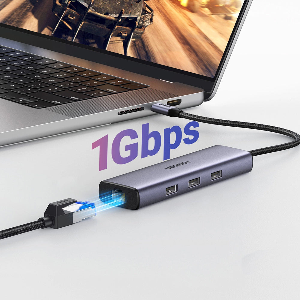 Hub USB-C UGREEN CM512 (15598), 3 x USB-A 3.0 - 1 x USB-C - 1 x HDMI - 1 x RJ45, Šedý
