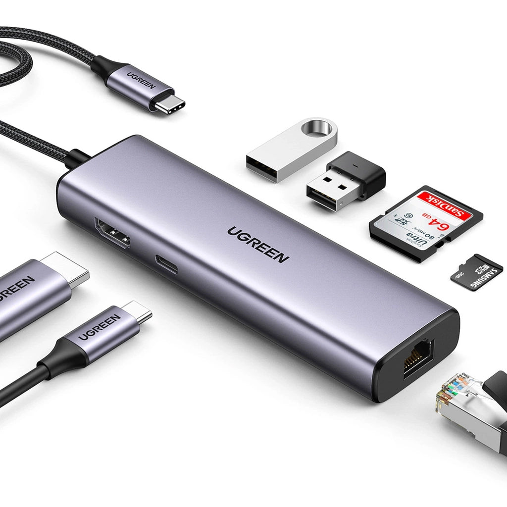 Hub USB-C UGREEN CM512, 2 x USB-A 3.0 - 1 x USB-C - 1 x HDMI - 1 x SD - 1 x microSD - RJ45, Šedý