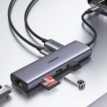 Hub USB-C UGREEN CM512, 2 x USB-A 3.0 - 1 x USB-C - 1 x HDMI - 1 x SD - 1 x microSD - RJ45, Šedý