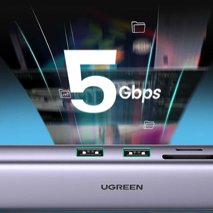 Hub USB-C UGREEN CM512, 2 x USB-A 3.0 - 1 x USB-C - 1 x HDMI - 1 x SD - 1 x microSD - RJ45, Šedý