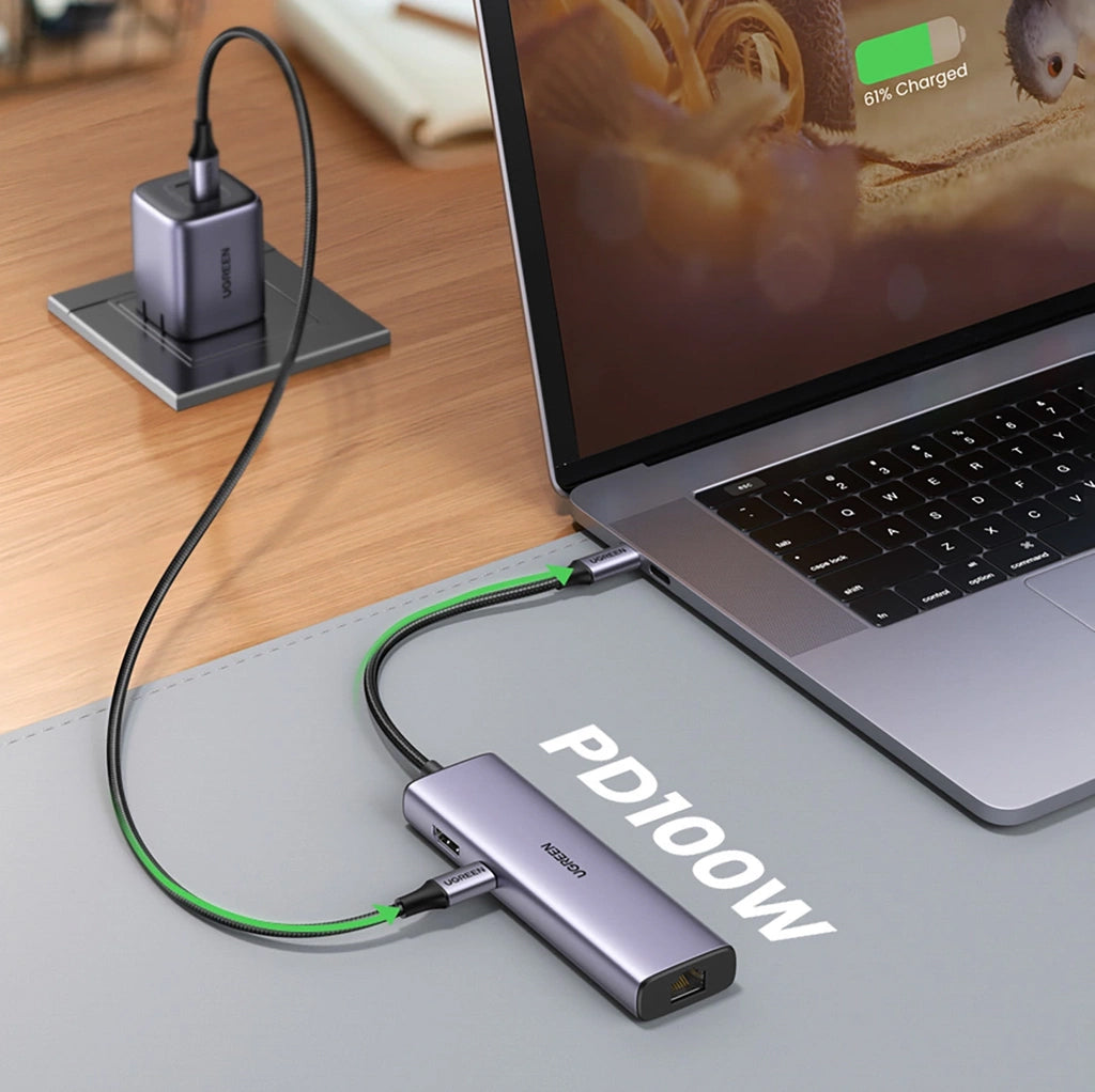 Hub USB-C UGREEN CM512, 2 x USB-A 3.0 - 1 x USB-C - 1 x HDMI - 1 x SD - 1 x microSD - RJ45, Šedý