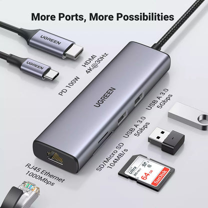 Hub USB-C UGREEN CM512, 2 x USB-A 3.0 - 1 x USB-C - 1 x HDMI - 1 x SD - 1 x microSD - RJ45, Šedý