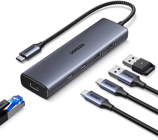 Hub USB-C UGREEN CM512, 1 x USB-A 3.2 - 1 x USB-A - 3 x USB-C - 1 x RJ45, Šedý