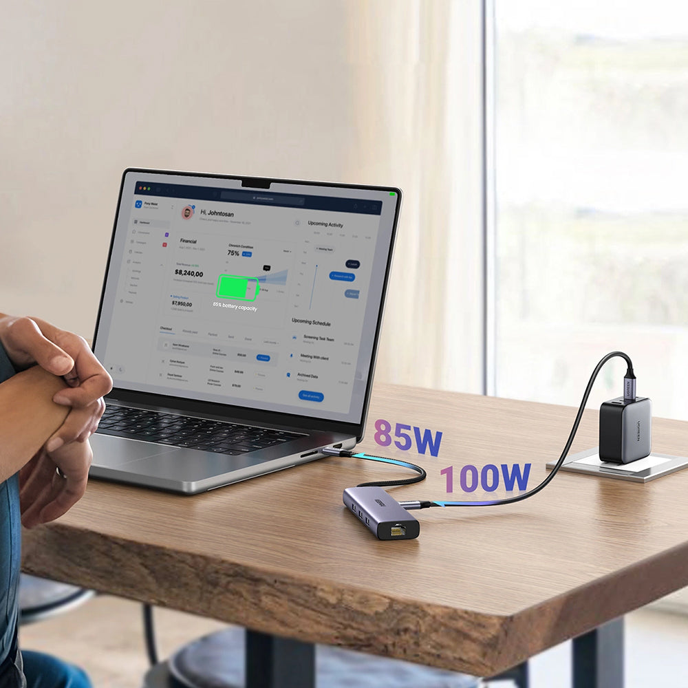 Hub USB-C UGREEN CM512 (15598), 3 x USB-A 3.0 - 1 x USB-C - 1 x HDMI - 1 x RJ45, Šedý