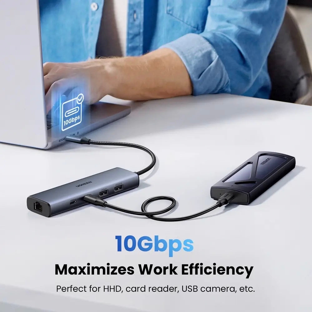 Hub USB-C UGREEN CM512, 1 x USB-A 3.2 - 1 x USB-A - 3 x USB-C - 1 x RJ45, Šedý