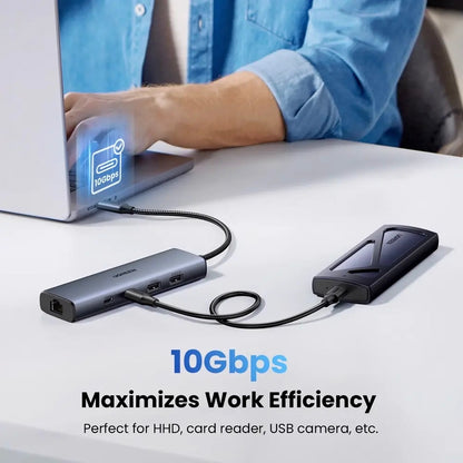 Hub USB-C UGREEN CM512, 1 x USB-A 3.2 - 1 x USB-A - 3 x USB-C - 1 x RJ45, Šedý