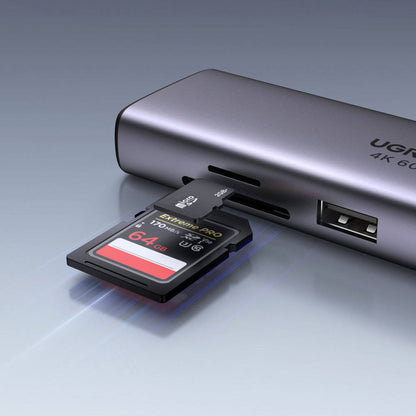 Hub USB-C UGREEN CM512 (60515), 2 x USB-A 3.0 - 1 x USB-C - 1 x HDMI - 1 x SD - 1 x microSD - 1 x RJ45, Šedý