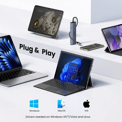 Hub USB-C UGREEN CM512, 1 x USB-A 3.2 - 1 x USB-A - 3 x USB-C - 1 x RJ45, Šedý