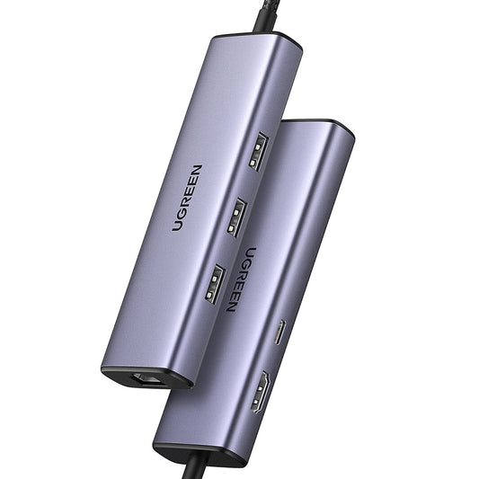 Hub USB-C UGREEN CM512 (15598), 3 x USB-A 3.0 - 1 x USB-C - 1 x HDMI - 1 x RJ45, Šedý