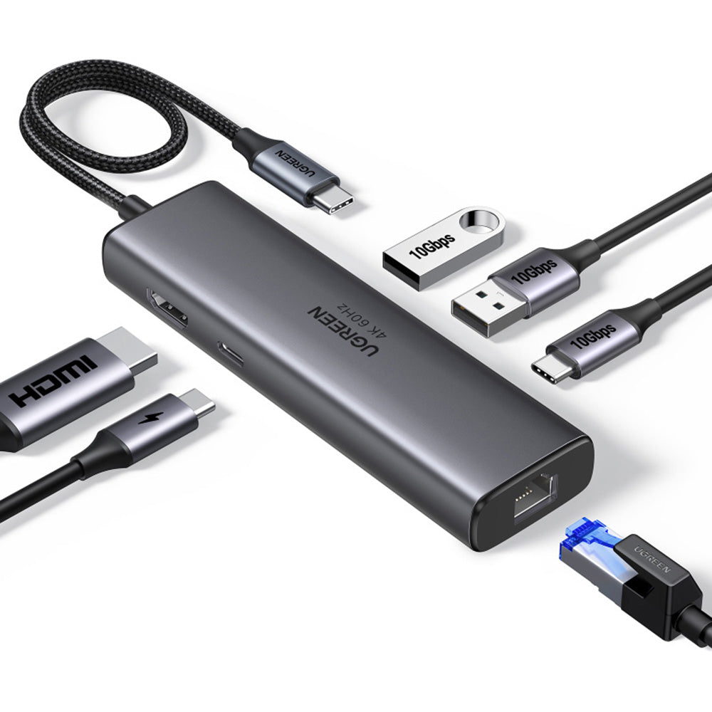 Hub USB-C UGREEN CM512 (45000), 2 x USB-A 3.2 - 2 x USB-C - 1 x HDMI - 1 x RJ45, Šedý