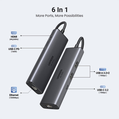 Hub USB-C UGREEN CM512 (45000), 2 x USB-A 3.2 - 2 x USB-C - 1 x HDMI - 1 x RJ45, Šedý