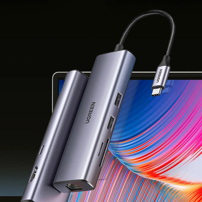 Hub USB-C UGREEN CM512, 2 x USB-A 3.0 - 1 x USB-C - 1 x HDMI - 1 x SD - 1 x microSD - RJ45, Šedý