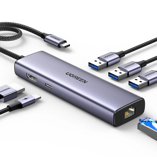 Hub USB-C UGREEN CM512 (15598), 3 x USB-A 3.0 - 1 x USB-C - 1 x HDMI - 1 x RJ45, Šedý