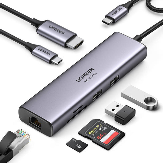 Hub USB-C UGREEN CM512 (60515), 2 x USB-A 3.0 - 1 x USB-C - 1 x HDMI - 1 x SD - 1 x microSD - 1 x RJ45, Šedý