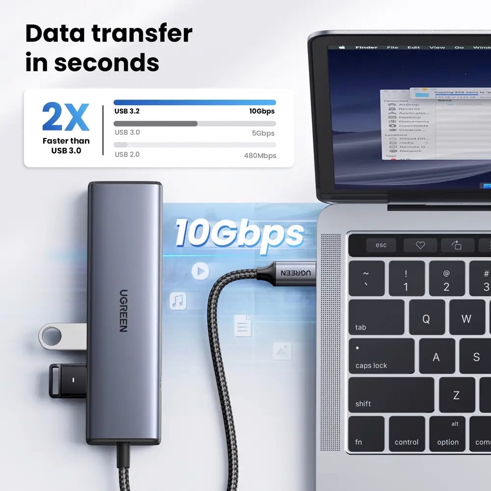 Hub USB-C UGREEN CM512, 1 x USB-A 3.2 - 1 x USB-A - 3 x USB-C - 1 x RJ45, Šedý