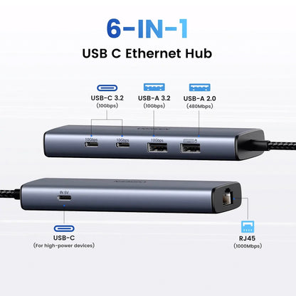 Hub USB-C UGREEN CM512, 1 x USB-A 3.2 - 1 x USB-A - 3 x USB-C - 1 x RJ45, Šedý