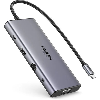 Hub USB-C UGREEN CM639 (45520), 2 x USB-A 3.2 - 3 x USB-C - 1 x HDMI - 1 x VGA - 1 x Jack 3.5mm - 1 x RJ45 - 1 x SD - 1 x microSD, Šedý