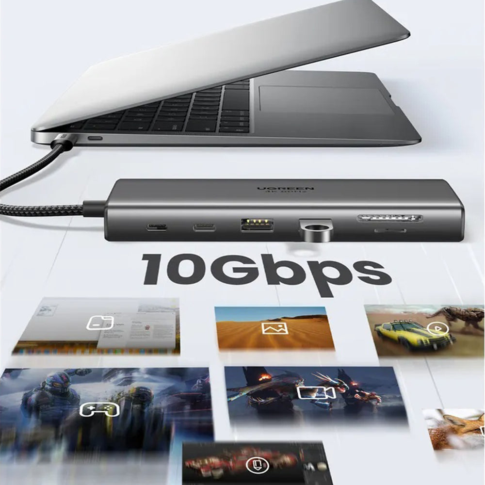 Hub USB-C UGREEN CM639 (45520), 2 x USB-A 3.2 - 3 x USB-C - 1 x HDMI - 1 x VGA - 1 x Jack 3.5mm - 1 x RJ45 - 1 x SD - 1 x microSD, Šedý