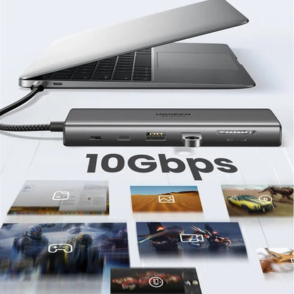 Hub USB-C UGREEN CM639 (45520), 2 x USB-A 3.2 - 3 x USB-C - 1 x HDMI - 1 x VGA - 1 x Jack 3.5mm - 1 x RJ45 - 1 x SD - 1 x microSD, Šedý