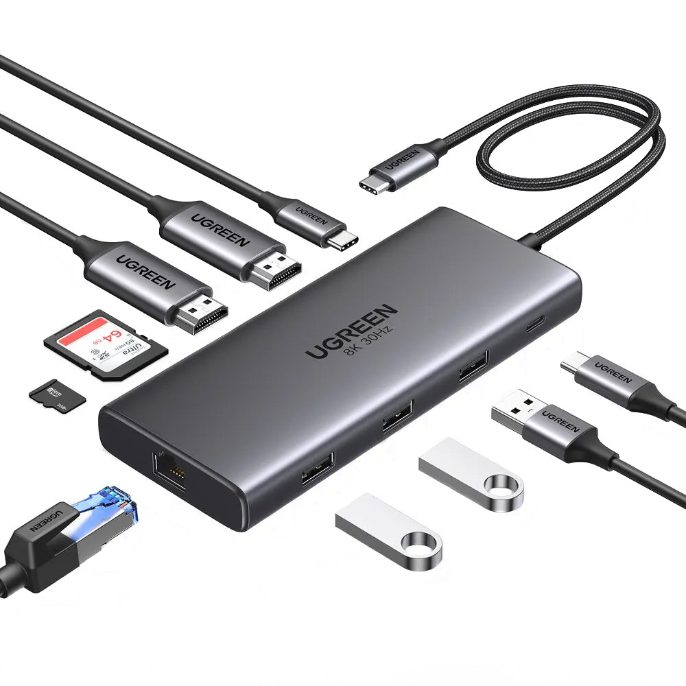 Hub USB-C UGREEN Revodok Pro 210 CM639, 1 x USB-A 3.0 - 2 x USB-A - 2 x USB-C - 2 x HDMI - 1 x RJ45 - 1 x SD - 1 x microSD, šedý