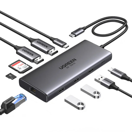 Hub USB-C UGREEN Revodok Pro 210 CM639, 1 x USB-A 3.0 - 2 x USB-A - 2 x USB-C - 2 x HDMI - 1 x RJ45 - 1 x SD - 1 x microSD, šedý