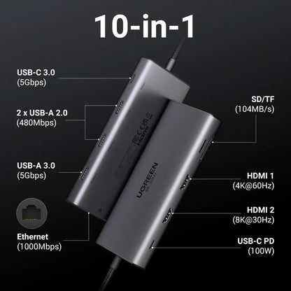Hub USB-C UGREEN Revodok Pro 210 CM639, 1 x USB-A 3.0 - 2 x USB-A - 2 x USB-C - 2 x HDMI - 1 x RJ45 - 1 x SD - 1 x microSD, šedý