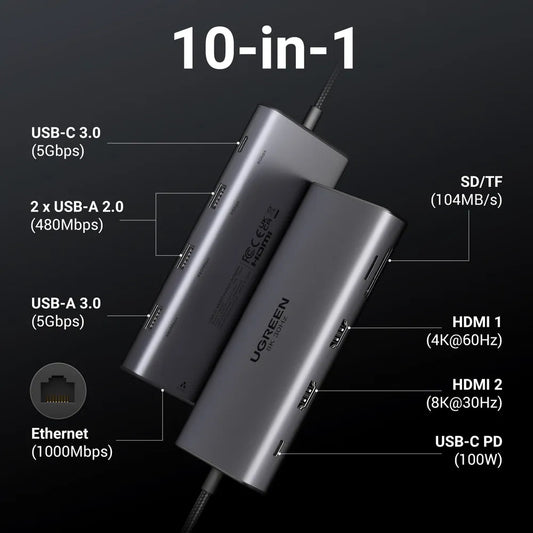 Hub USB-C UGREEN Revodok Pro 210 CM639, 1 x USB-A 3.0 - 2 x USB-A - 2 x USB-C - 2 x HDMI - 1 x RJ45 - 1 x SD - 1 x microSD, šedý