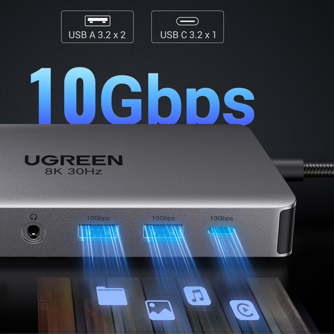 Hub USB-C UGREEN Revodok Pro 313 CM681, 2 x USB-A 3.2 - 1 x USB-A 3.0 - 2 x USB-C - 2 x HDMI - 1 x Jack 3.5mm - 1 x RJ45 - 1 x SD - 1 x microSD, Šedý