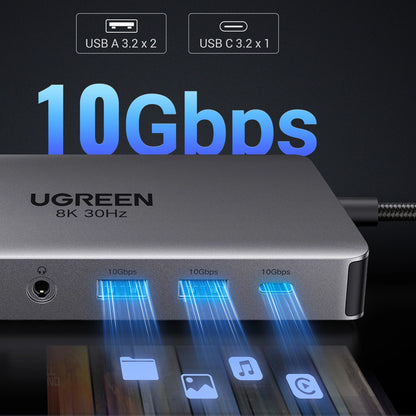 Hub USB-C UGREEN Revodok Pro 313 CM681, 2 x USB-A 3.2 - 1 x USB-A 3.0 - 2 x USB-C - 2 x HDMI - 1 x Jack 3.5mm - 1 x RJ45 - 1 x SD - 1 x microSD, Šedý