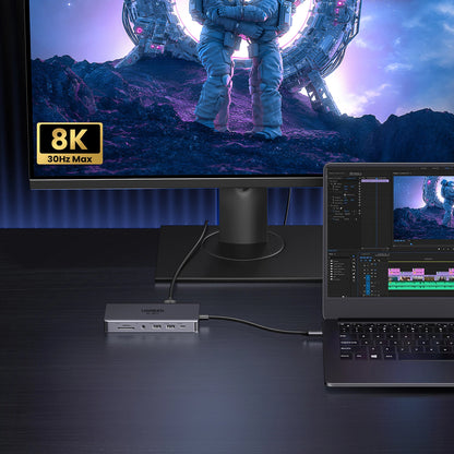 Hub USB-C UGREEN Revodok Pro 313 CM681, 2 x USB-A 3.2 - 1 x USB-A 3.0 - 2 x USB-C - 2 x HDMI - 1 x Jack 3.5mm - 1 x RJ45 - 1 x SD - 1 x microSD, Šedý
