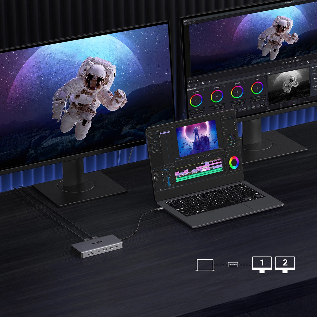 Hub USB-C UGREEN Revodok Pro 313 CM681, 2 x USB-A 3.2 - 1 x USB-A 3.0 - 2 x USB-C - 2 x HDMI - 1 x Jack 3.5mm - 1 x RJ45 - 1 x SD - 1 x microSD, Šedý