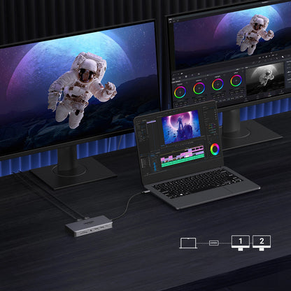 Hub USB-C UGREEN Revodok Pro 313 CM681, 2 x USB-A 3.2 - 1 x USB-A 3.0 - 2 x USB-C - 2 x HDMI - 1 x Jack 3.5mm - 1 x RJ45 - 1 x SD - 1 x microSD, Šedý