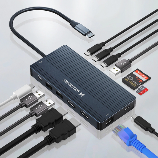 Hub USB-C WZK WDS03Y5S, 1 x USB-A 3.1 - 2 x USB-A - 5 x USB-C - 2 x HDMI - 1 x Jack 3.5mm - 1 x RJ45 - 1 x SD - 1 x microSD, Šedý