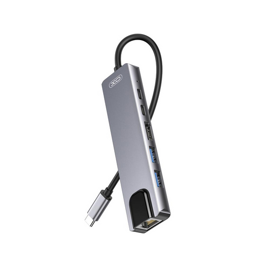Hub USB-C XO Design HUB013, 1 x USB-A - 1 x USB-A 3.0 - 2 x USB-C - 1 x HDMI - 1 x RJ45, Šedý